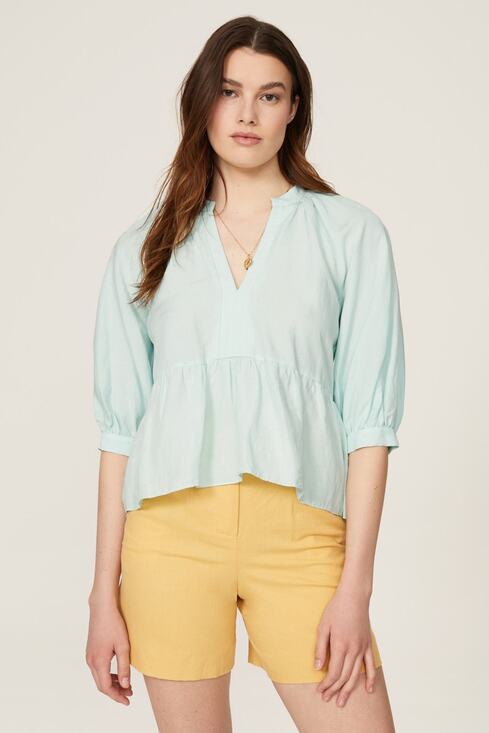 Amanda Uprichard Tops - Amanda Uprichard Diego Light Blue Linen Puff Sleeve Split Neck Top Size XS